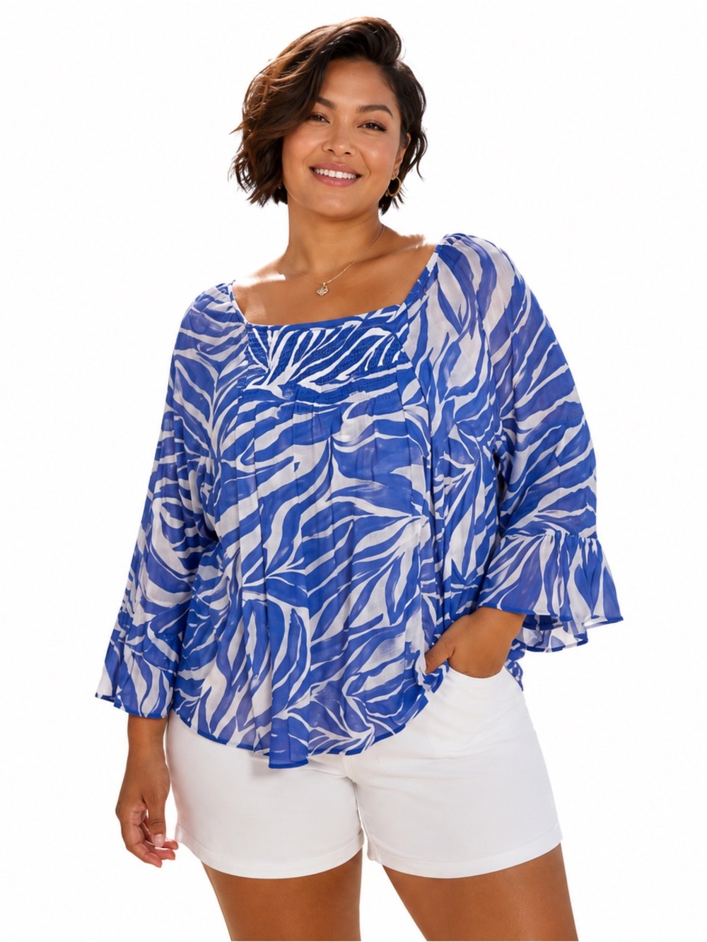 AVA & GRACE WOMENS BLUE & WHITE PEASANT TOP SMOCKED  BELL SLEEVES SIZE XL